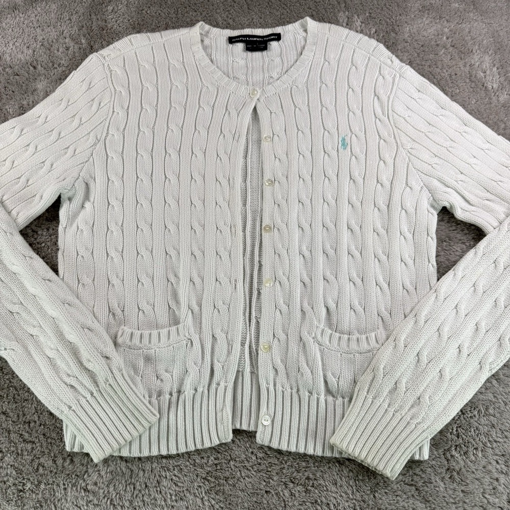 Ralph Lauren Sport Vintage Womens XL White Cable Knit Cardigan Sweater Cotton